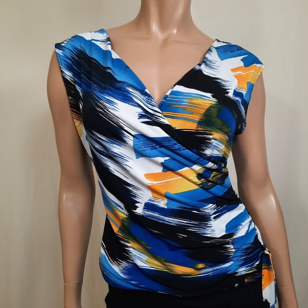 Y2K Sleeveless Surplice Side Tie Top Size M Ruched Blue Orange Abstract Print